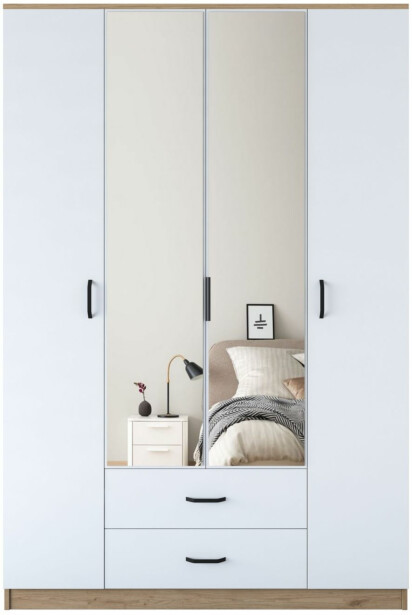 Vaatekaappi peiliovilla Linento Furniture BA131-3052, leveys 210cm, valkoinen/ruskea