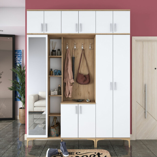 Säilytyskokonaisuus eteiseen Linento Furniture EA121-2765, leveys 180cm, valkoinen/ruskea