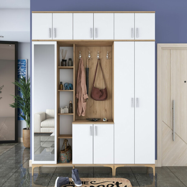 Säilytyskokonaisuus eteiseen Linento Furniture EA128-2795, leveys 180cm, valkoinen/ruskea