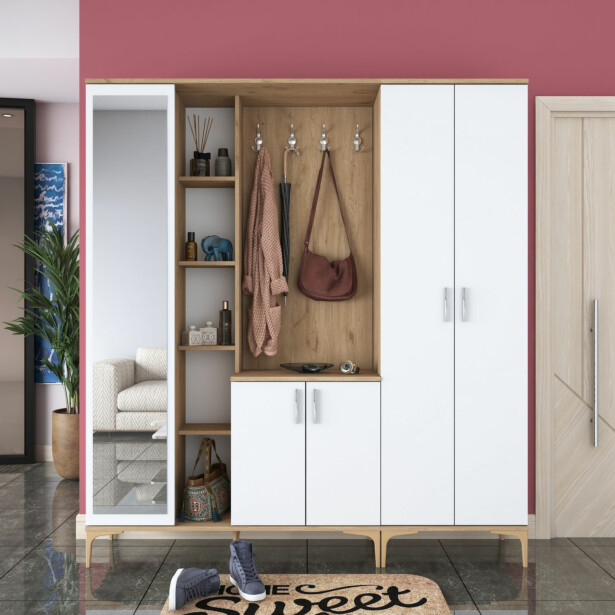 Säilytyskokonaisuus eteiseen Linento Furniture EA129-2797, leveys 180cm, valkoinen/ruskea