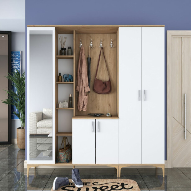 Säilytyskokonaisuus eteiseen Linento Furniture EA131-2801, leveys 180cm, valkoinen/ruskea