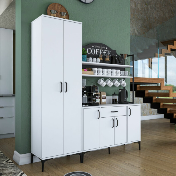 Aamiaiskaappi / keittiön säilytyskokonaisuus Linento Furniture JE148-3080, leveys 280cm, korkeus 198.6cm, valkoinen