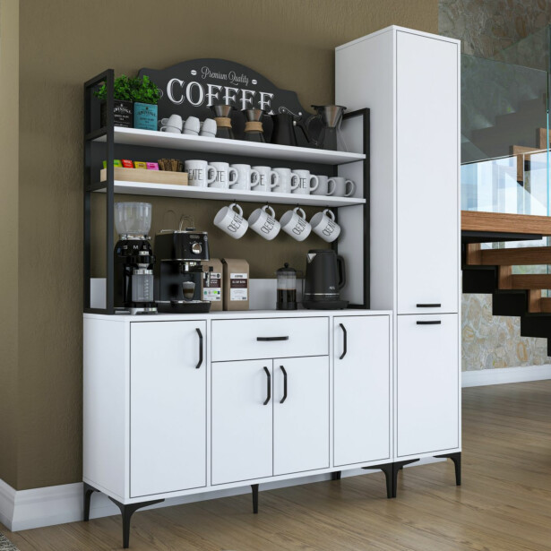 Aamiaiskaappi / keittiön säilytyskokonaisuus Linento Furniture JE149-3081, leveys 160cm, korkeus 198.6cm, valkoinen