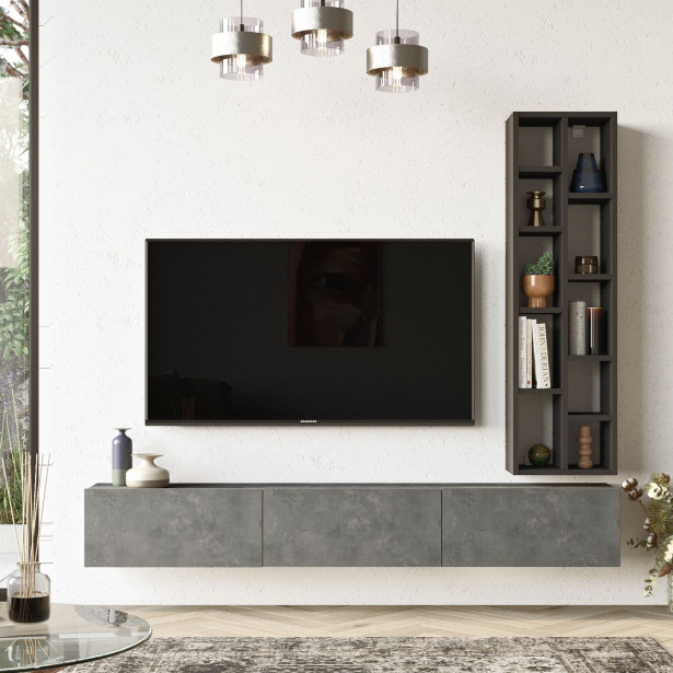 TV-taso ja seinähylly Linento Furniture LV9, hopeanharmaa/musta