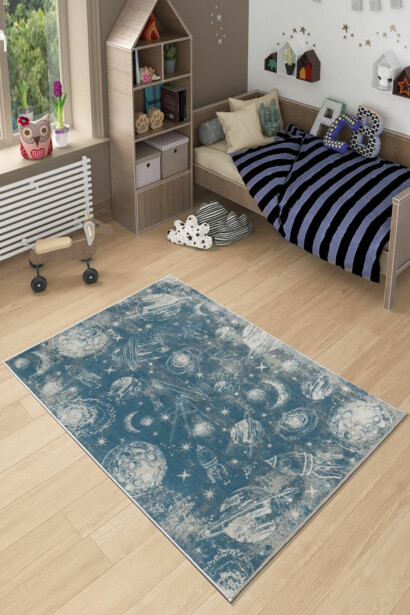 Lastenhuoneen matto Linento Planeetat 100x200cm sininen