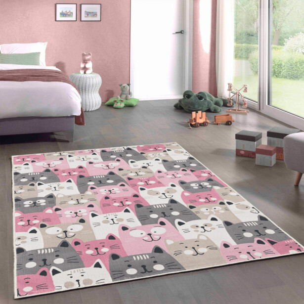 Lastenhuoneen käytävämatto Linento Kissaset 80x150cm vaaleanpunainen/harmaa