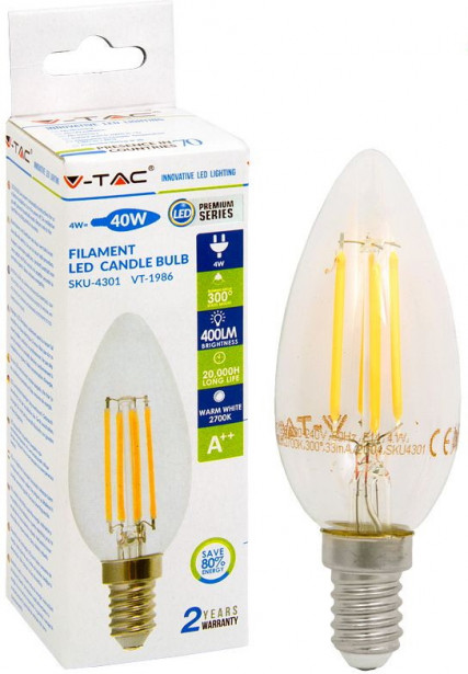 LED-polttimo V-TAC Candle 4W E14 2700 K, 400 lm, filamentti