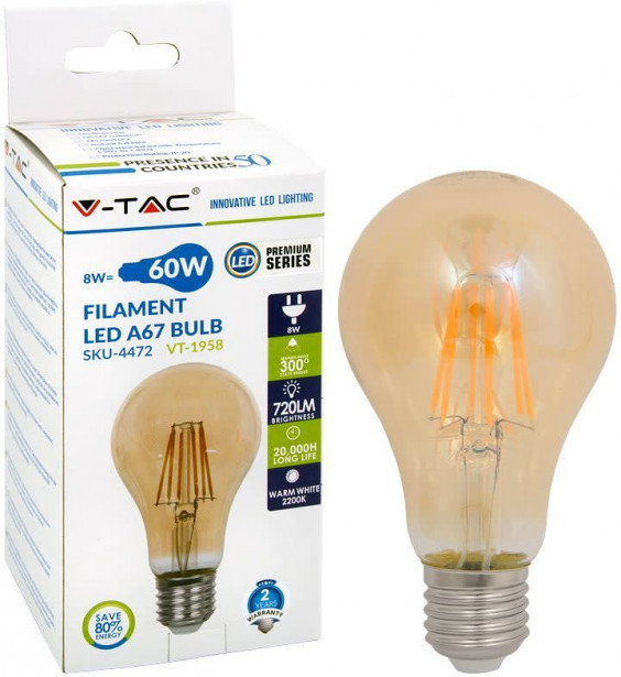 LED-polttimo V-TAC 8W E27 2200 K, 720 lm, A67, meripihka