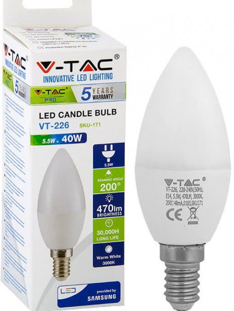 LED-kynttilälamppu V-TAC, 5.5W, E14, 3000K