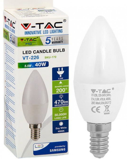 LED-kynttilälamppu V-TAC, 5.5W, E14, 4000K