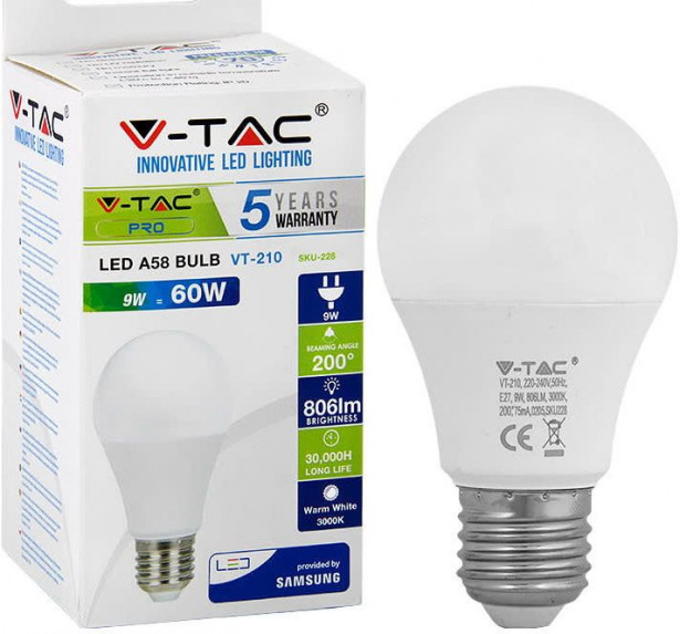 LED-polttimo V-TAC, 9W, E27, 3000K