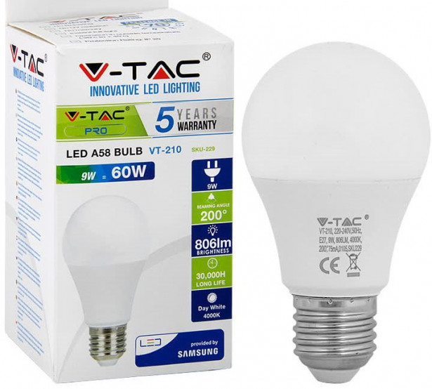 LED-polttimo V-TAC, 9W, E27, 4000K