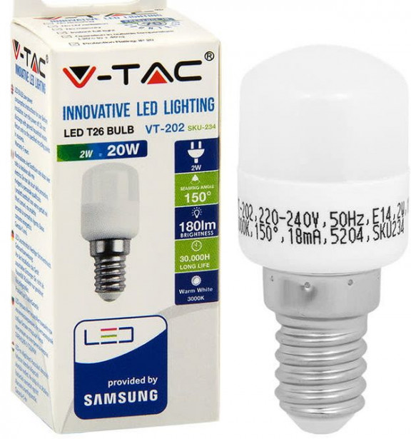 LED-jääkaappilamppu V-TAC, 2W, E14, 3000K