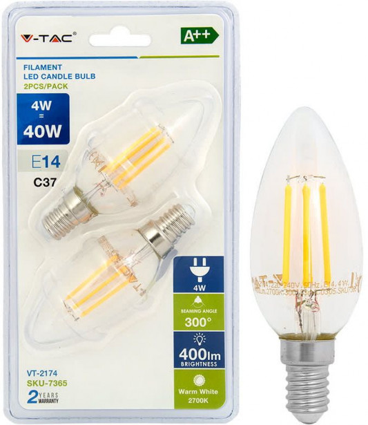 LED-filamenttilamppu V-TAC, 4W, E14, 2700K, 2kpl