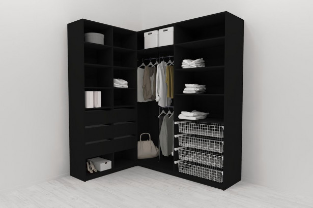 Walk-in closet L-malli Mirror Line, 2200x1500x1800 mm, musta