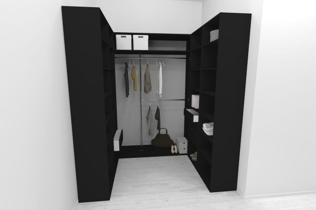 Walk-in closet U-malli Mirror Line, 2100/2400x1600x1800 mm, musta