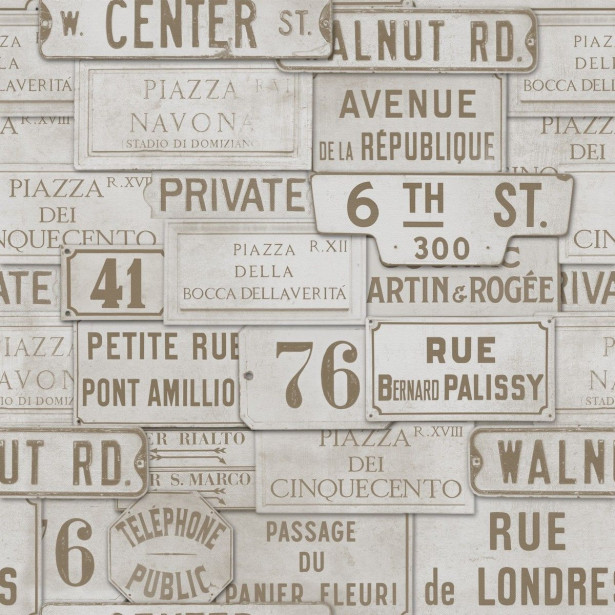 Paneelitapetti Mindthegap Vintage Signs Taupe, 1.56x3m