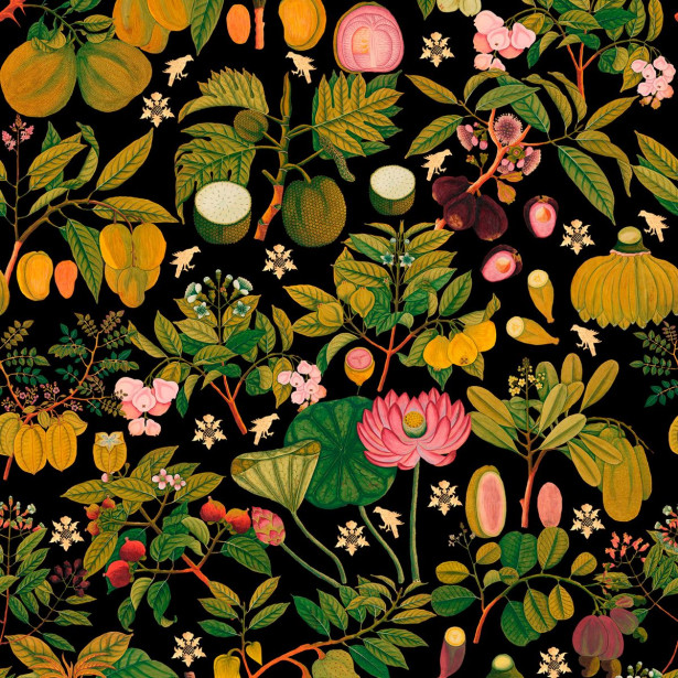 Paneelitapetti Mindthegap Asian fruits and flowers, 1.56x3m, musta