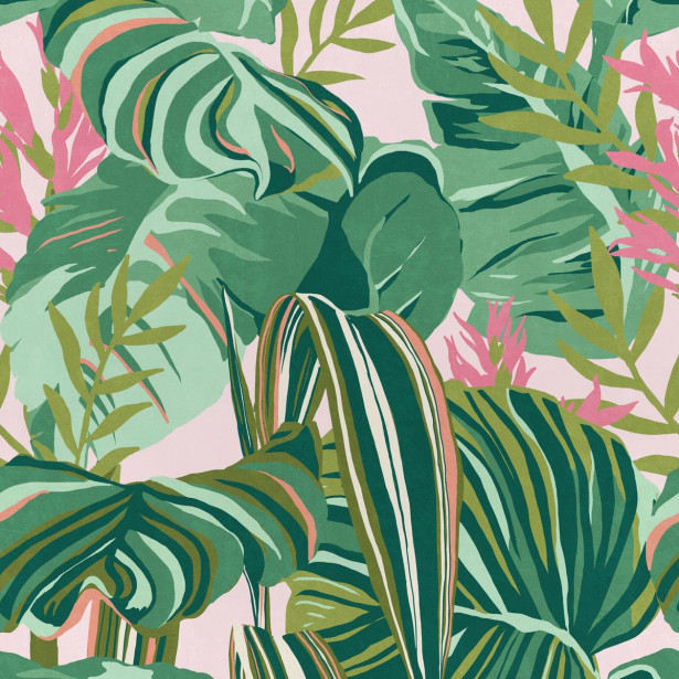 Paneelitapetti Mindthegap Tropical foliage, 1.56x3m, vaaleanpunainen