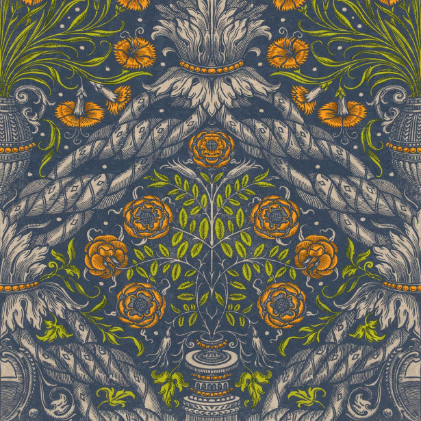 Paneelitapetti Mindthegap Floral ornament, 1.56x3m, sininen/oranssi