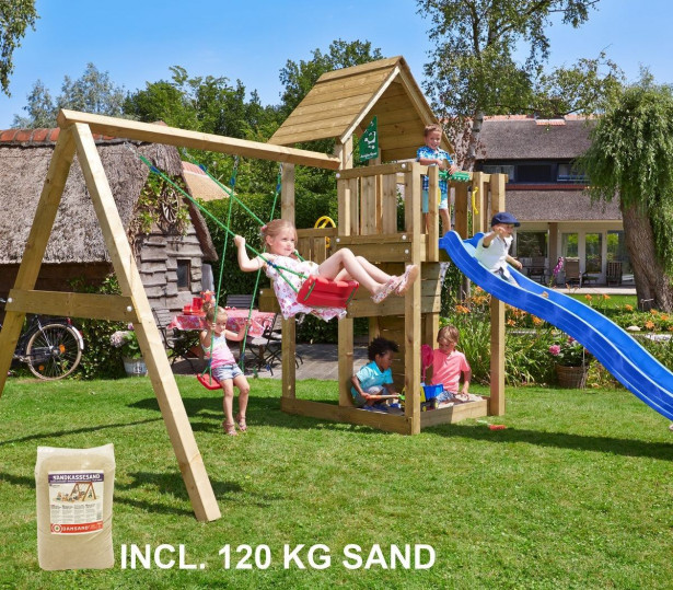 Leikkikeskus Jungle Gym Cubby ja Swing Module X'tra, sis. 120kg hiekkaa ja sinisen liukumäen