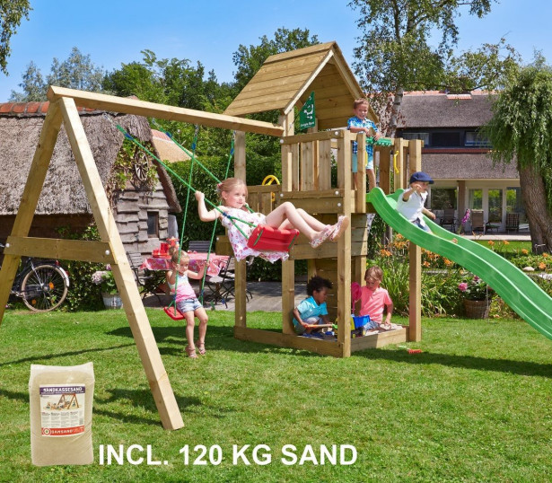 Leikkikeskus Jungle Gym Cubby ja Swing Module X'tra, sis. 120kg hiekkaa ja vihreän liukumäen