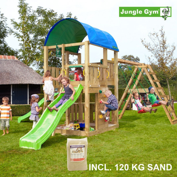 Leikkikeskus Jungle Gym Farm ja Climb Module X'tra, sis. 120kg hiekkaa ja vihreän liukumäen