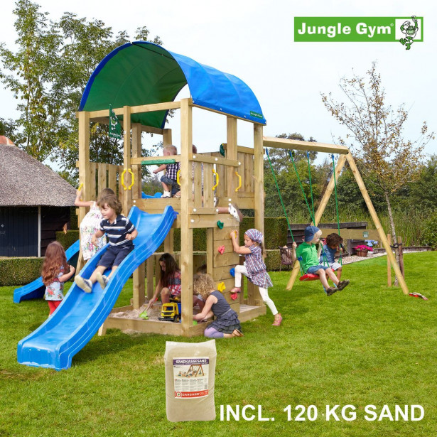 Leikkikeskus Jungle Gym Farm ja Swing Module X'tra, sis. 120kg hiekkaa ja sinisen liukumäen