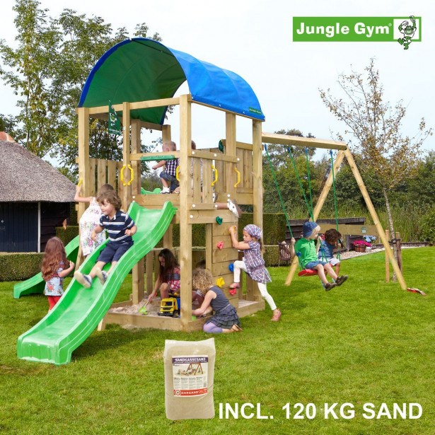 Leikkikeskus Jungle Gym Farm ja Swing Module X'tra, sis. 120kg hiekkaa ja vihreän liukumäen