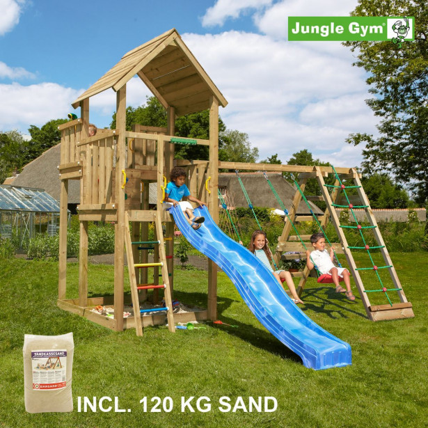 Leikkikeskus Jungle Gym Palace ja Climb Module X'tra, sis. 120kg hiekkaa ja sinisen liukumäen