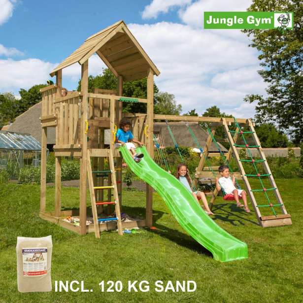 Leikkikeskus Jungle Gym Palace ja Climb Module X'tra, sis. 120kg hiekkaa ja vihreän liukumäen