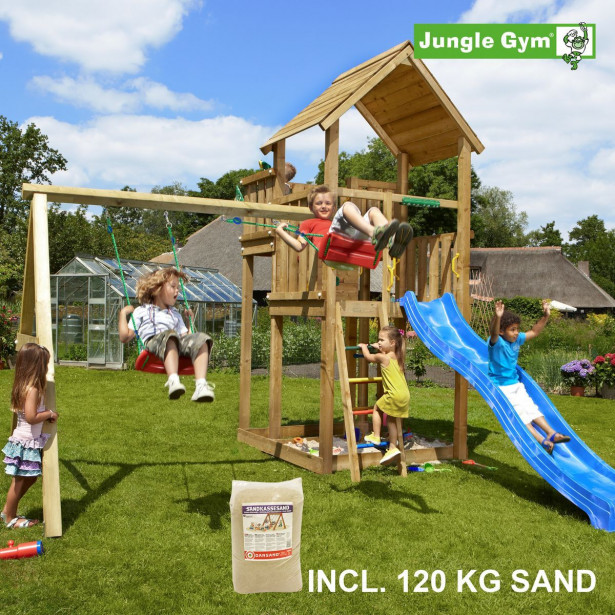 Leikkikeskus Jungle Gym Palace ja Swing Module X'tra, sis. 120kg hiekkaa ja sinisen liukumäen