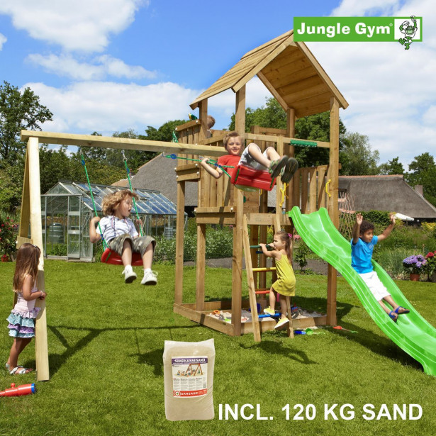 Leikkikeskus Jungle Gym Palace ja Swing Module X'tra, sis. 120kg hiekkaa ja vihreän liukumäen