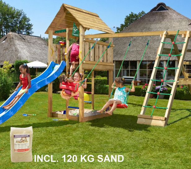 Leikkikeskus Jungle Gym Cabin ja Climb Module X'tra, sis. 120kg hiekkaa ja sinisen liukumäen