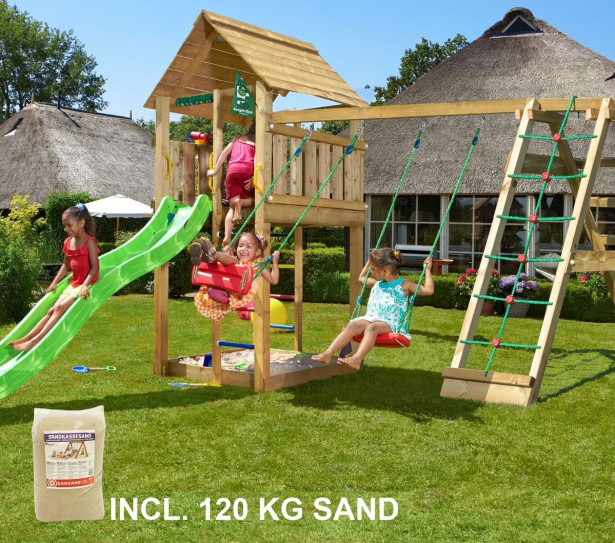 Leikkikeskus Jungle Gym Cabin ja Climb Module X'tra, sis. 120kg hiekkaa ja vihreän liukumäen