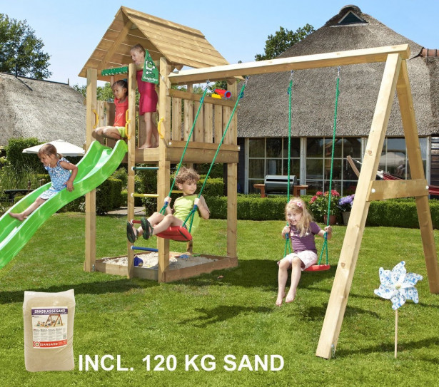 Leikkikeskus Jungle Gym Cabin ja Swing Module X'tra, sis. 120kg hiekkaa ja vihreän liukumäen