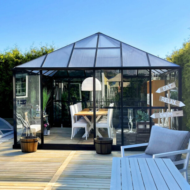 Kasvihuone Metalcraft Gazebo Premium, 19m², 4mm turvalasi, kennolevykatto, musta