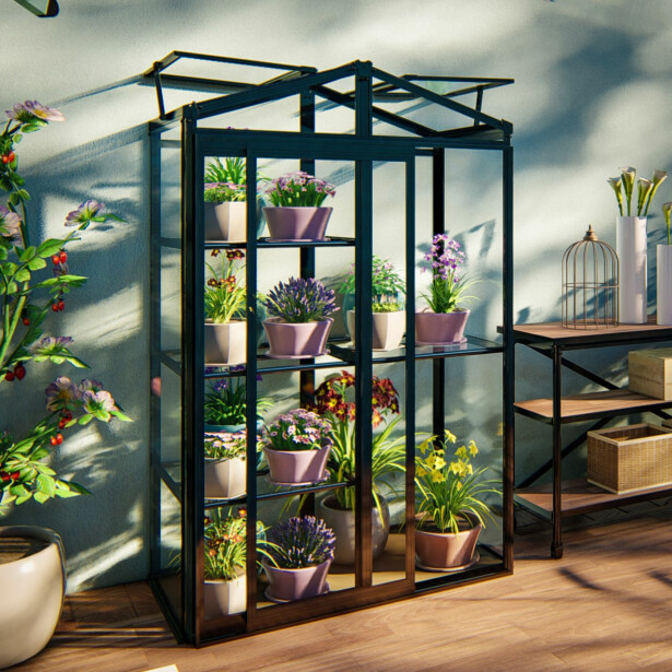 Minikasvihuone Metalcraft, 170x111x61cm, 4mm turvalasi, musta