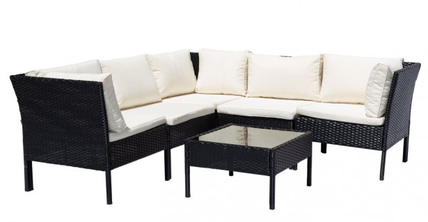 Kulmasohva terassille Lyfco Grebbestad, 5-istuttava sohva + pöytä, polyrottinki, musta