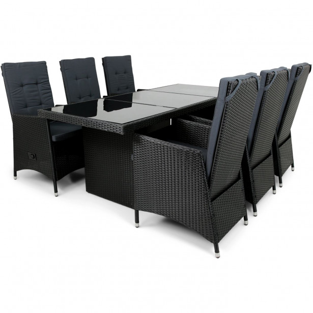 Ruokailuryhmä Lyfco Kämpinge, pöytä + 6 tuolia, polyrottinki, musta