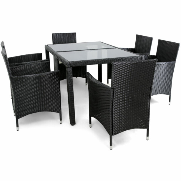 Ruokailuryhmä Lyfco Båstad, pöytä + 6 tuolia, polyrottinki, musta