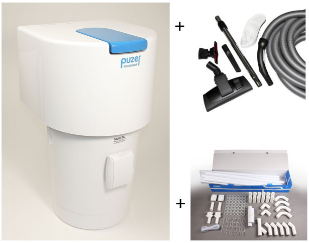 Puzer tarjouspaketti, keskusyksikkö Oiva, 12m siivousvälinesarja imurasiakäynnistyksellä ja Putkipaketti PP2 Ø, 42mm