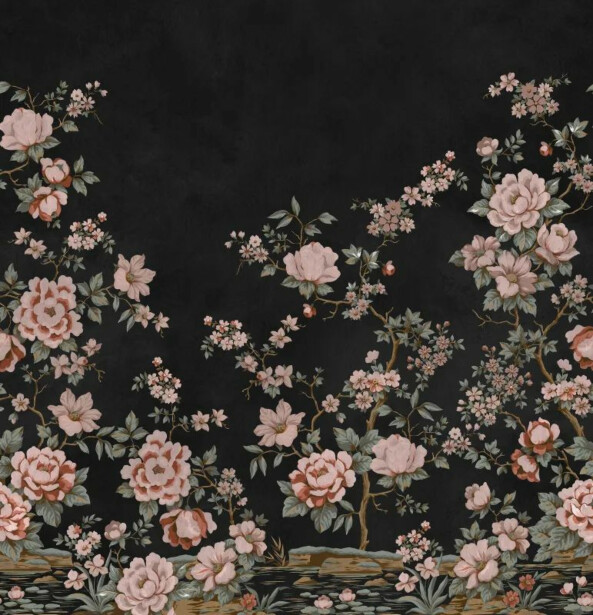 Kuvatapetti Rebel Walls Floral Chinoiserie musta, mittatilaus, non-woven