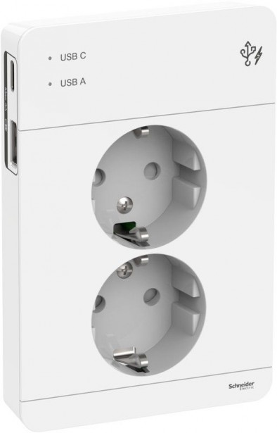 Pistorasia Schneider Electric Exxact, 2-osainen, peitelevyllä + 2x USB lataus A+C 3A, valkoinen