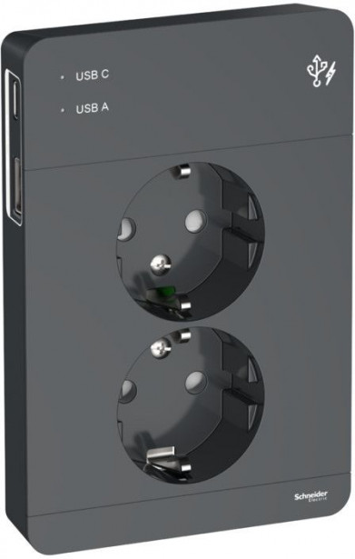 Pistorasia Schneider Electric Exxact, 2-osainen, peitelevyllä + 2x USB lataus A+C 3A, antrasiitti