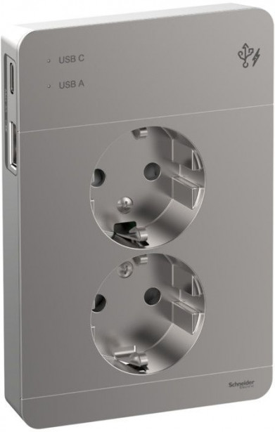 Pistorasia Schneider Electric Exxact, 2-osainen, peitelevyllä + 2x USB lataus A+C 3A, metalli