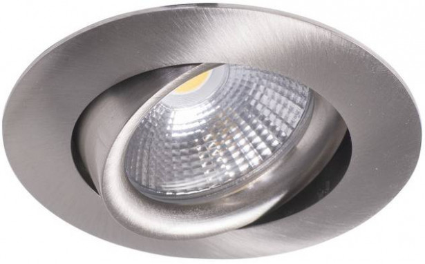 LED-alasvalo Airam Compact, Ø80x39mm, IP44, 5W/840, himmennettävä, suunnattava, satiini nikkeli