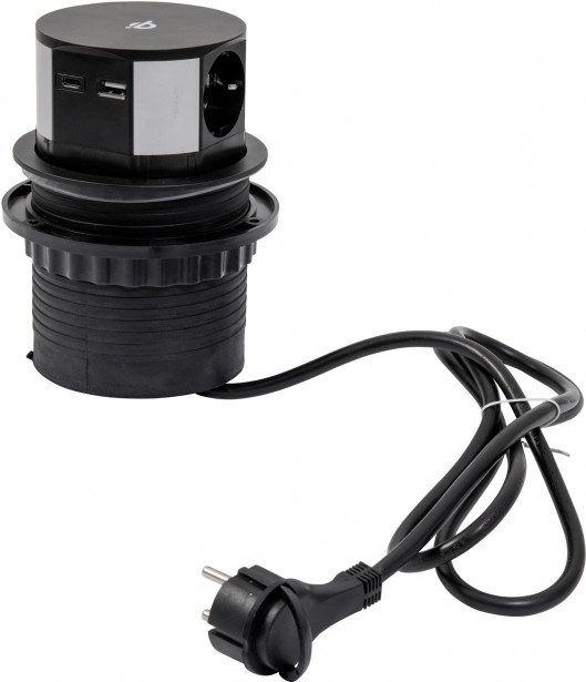 Upotettava pistorasia Airam POP-UP, 3-osainen, 2 x USB + langaton lataus, musta