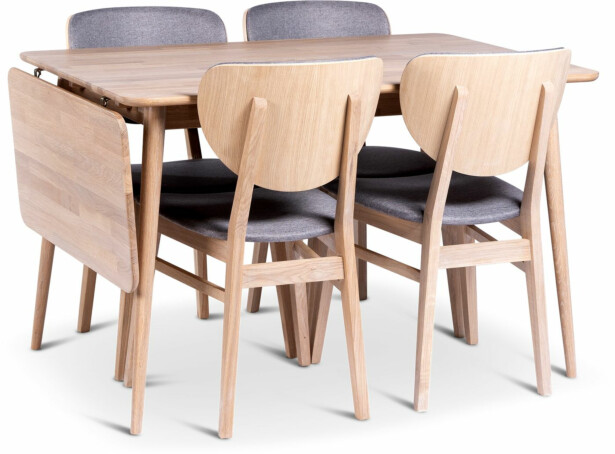 Ruokailuryhmä Stenexpo 120/160x80cm Odense-klaffipöytä + 4 Fårö-tuolia valkoöljytty tammi