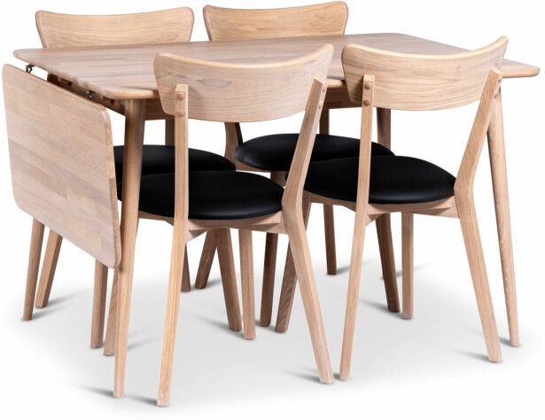 Ruokailuryhmä Stenexpo 120/160x80cm Odense-klaffipöytä + 4 Eksjö-tuolia valkoöljytty tammi